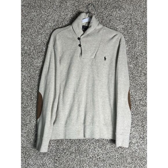 Polo Ralph Lauren Mens Sz M Shawl Collar Sweater Beige Cotton Knit Elbow Patches - Picture 1 of 8